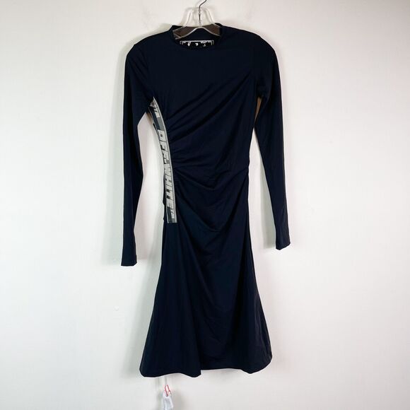 Off White NWT Athleisure Logo Tape Ruched Long Sleeve Midi Dress Black 38 - Picture 1 of 16